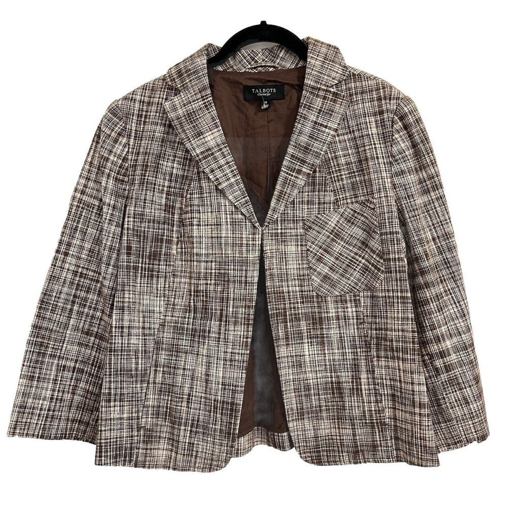 Talbots Plaid Linen Blend Blazer Size 10 Brown Preppy Business Academia Cropped